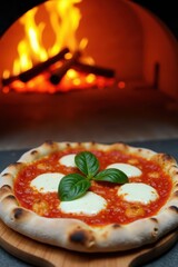 A classic Neapolitan pizza with fresh mozzarella and basil is on a wooden pizza peel. In the background, a fiery brick oven glows with intense heat and burning logs
