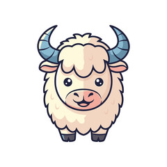 Cute cartoon illustration of a fluffy yak with horns, set against a simple white background
