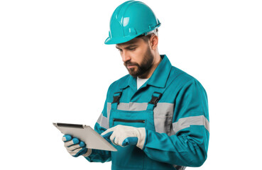 A male construction worker wearing a teal hard hat and uniform, holding and looking at a tablet computer, isolated on transparent background
