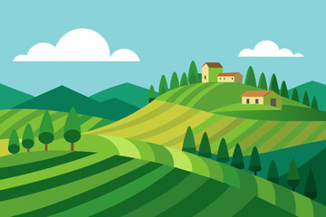 Obraz premium Stylized illustration of rolling green hills with farmhouses and trees
