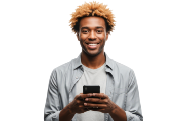 A smiling african american man with curly hair, wearing a grey shirt, holding and looking at a smartphone, isolated on transparent background