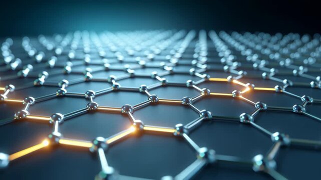 Graphene lattice hexagon molecular grid with glowing nodes and metallic links. closeup pattern of glowing connections