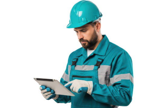 A male construction worker wearing a teal hard hat and uniform, holding and looking at a tablet computer, isolated on transparent background