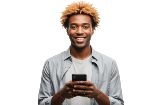 A smiling african american man with curly hair, wearing a grey shirt, holding and looking at a smartphone, isolated on transparent background