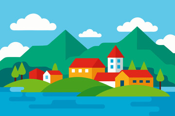 Naklejka premium Colorful flat design village on a lakeside with mountains and clouds