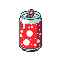 A vibrant red soda can with a pull tab, covered in condensation, set against a bright background