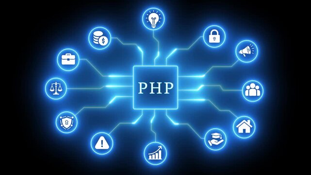PHP Programming Language Concept with Connected Icons on Black Background coding software