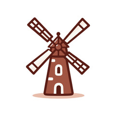 A whimsical illustration of a windmill with large blades, set against a simple background