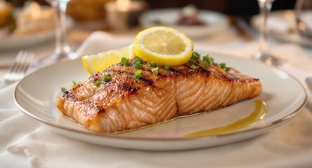 Grilled salmon fillet on plate, garnished with lemon, fancy dinner setting