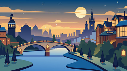 Obraz premium Stylized cityscape with a bridge over a river at sunset