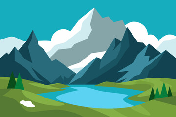 Fototapeta premium Stylized mountain landscape with lake and trees