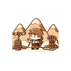 A young adventurer prepares for a mountain trek, surrounded by ropes and climbing gear
