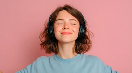 leisure music free time online and internet concept  happy woman with headphones listening to music no logos no brands ar 169