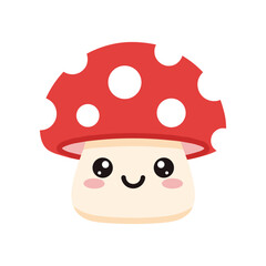 Cute cartoon mushroom with a smiling face and red polka-dotted cap on a white background