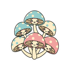 Cute cartoon mushrooms with polka dots smiling together, set against a simple white background