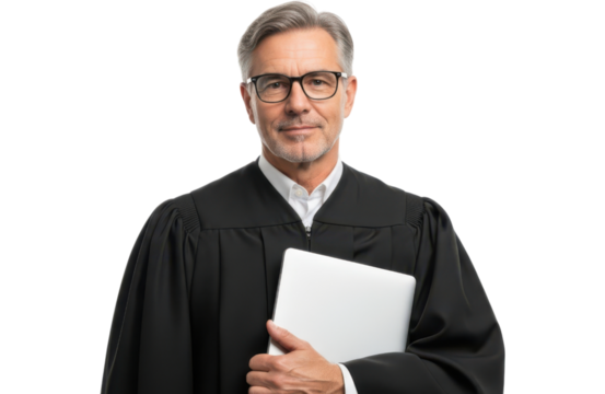 Mature judge wearing glasses and a black robe holding a laptop computer isolated on transparent background