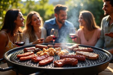 A sizzling 'parrilla' grill is packed with chorizo, morcilla, and different beef cuts. Friends and family are laughing and sharing Malbec wine in a sunny backyard