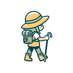 A young hiker exploring nature with a backpack and walking stick, surrounded by serene landscapes