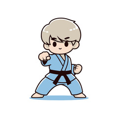 A young martial artist in a blue gi demonstrating a fighting stance on a plain background