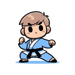 A young martial artist in a blue uniform strikes a confident pose in a minimalist setting