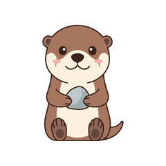 Cute cartoon otter holding a stone while sitting, with a simple white background