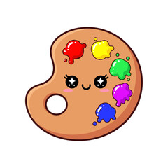 Cute cartoon paint palette with smiling face and colorful paint blobs on a white background