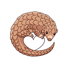 Cute cartoon pangolin forming a heart shape with its tail, set against a simple white background
