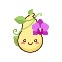 Cute cartoon pear character adorned with a purple flower and green leaves on a white background