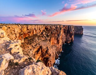 Dramatic cliff face meets ocean at sunset.  Rocky shoreline with pastel hues