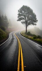 Fototapeta premium Winding asphalt road with double yellow lines disappearing into thick fog and mist