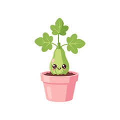 Cute cartoon plant character in a pink pot with smiling face, isolated on white background