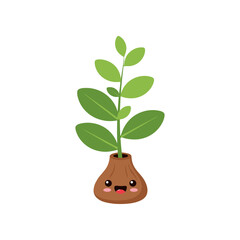 Cute cartoon plant character with a smiling face in a brown pot on a white background