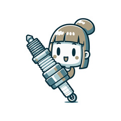 Cartoon character cheerfully holding a spark plug, showcasing automotive theme and playful design