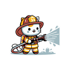 Cartoon cat dressed as a firefighter spraying water with a hose, colorful and playful scene