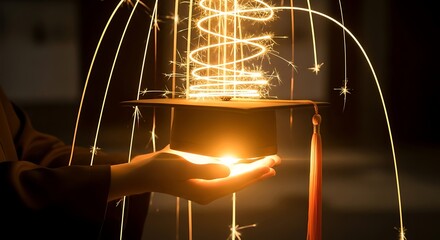 Illuminated graduation cap floating above open hands with golden light trails, representing knowledge, success, motivation, inspiration, and the power of education.
