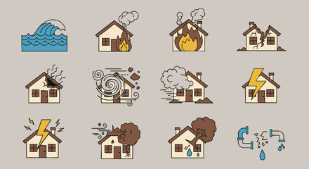 Fototapeta na wymiar Icons depicting various natural disasters and home insurance hazards show houses affected by storms, fire, and flooding.