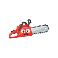 Naklejka premium Cartoon chainsaw with a smiling face, set against a simple white background, ideal for playful designs