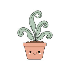 Cute cartoon plant in a terracotta pot with whimsical leaves against a white background