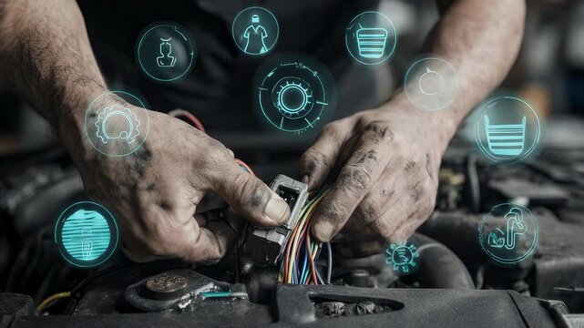 Close-up of hands working on a car engine with futuristic glowing icons overlayed in the image