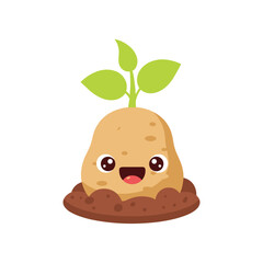 Cute cartoon potato sprouting with happy face and green leaves, set against a white background