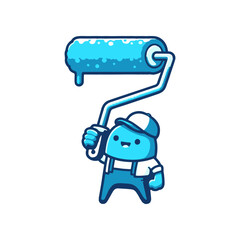 Cartoon character painting with a roller in a bright blue color, cheerful atmosphere