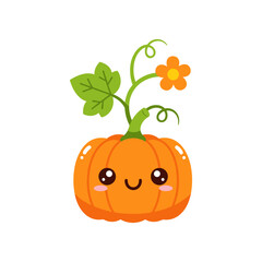Cute cartoon pumpkin with a smiling face, green vine, and flower, perfect for autumn decorations