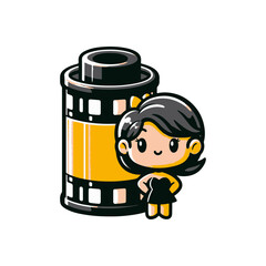 Cartoon character posing beside a film reel, representing creativity in photography and media
