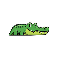 Cartoon crocodile lounging on a riverbank, surrounded by lush greenery and wildlife