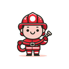 Cartoon firefighter character holding a hose, with a cheerful expression and simple background