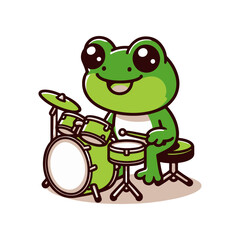 Cartoon frog happily playing drums in a vibrant, cheerful setting, showcasing musical talent