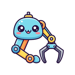 Cute cartoon robot with a cheerful expression and a mechanical claw, set against a simple background