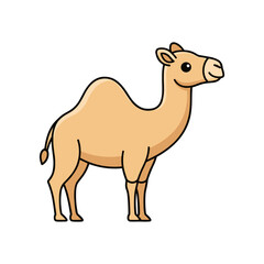 Cartoon illustration of a friendly camel standing upright in a desert landscape