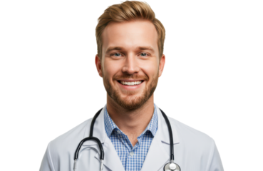 Portrait of a smiling young doctor wearing a white coat and stethoscope, isolated on transparent background