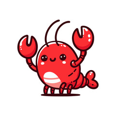 Cartoon lobster with cheerful expression, raising claws, set against a simple, colorful background